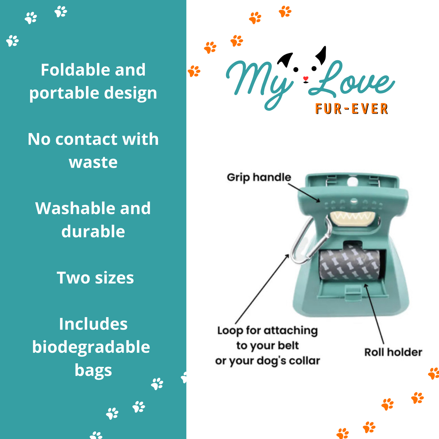 Dog Pooper Scooper Poo Paw Foldable + 1 Roll Decomposable Bags