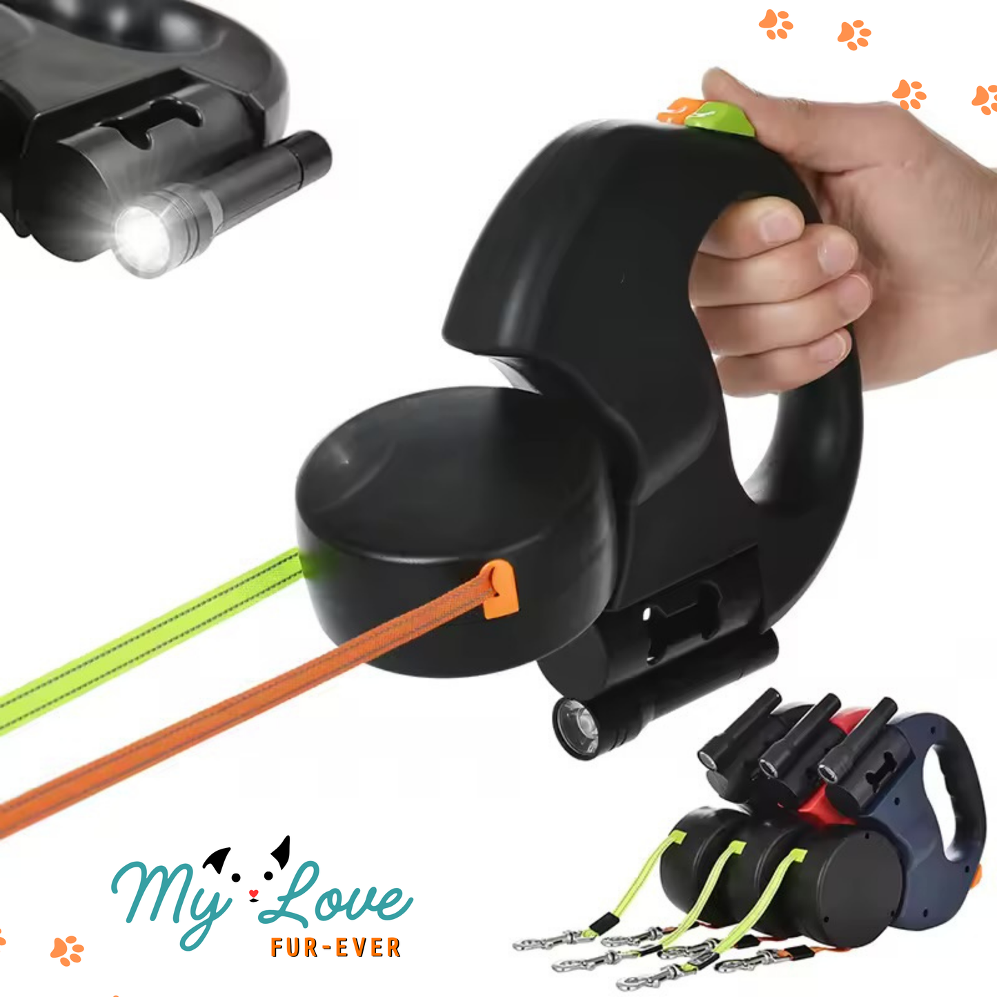 GlowWalk Duo™ – Retractable Dual Dog Leash with 360° Swivel & LED Light